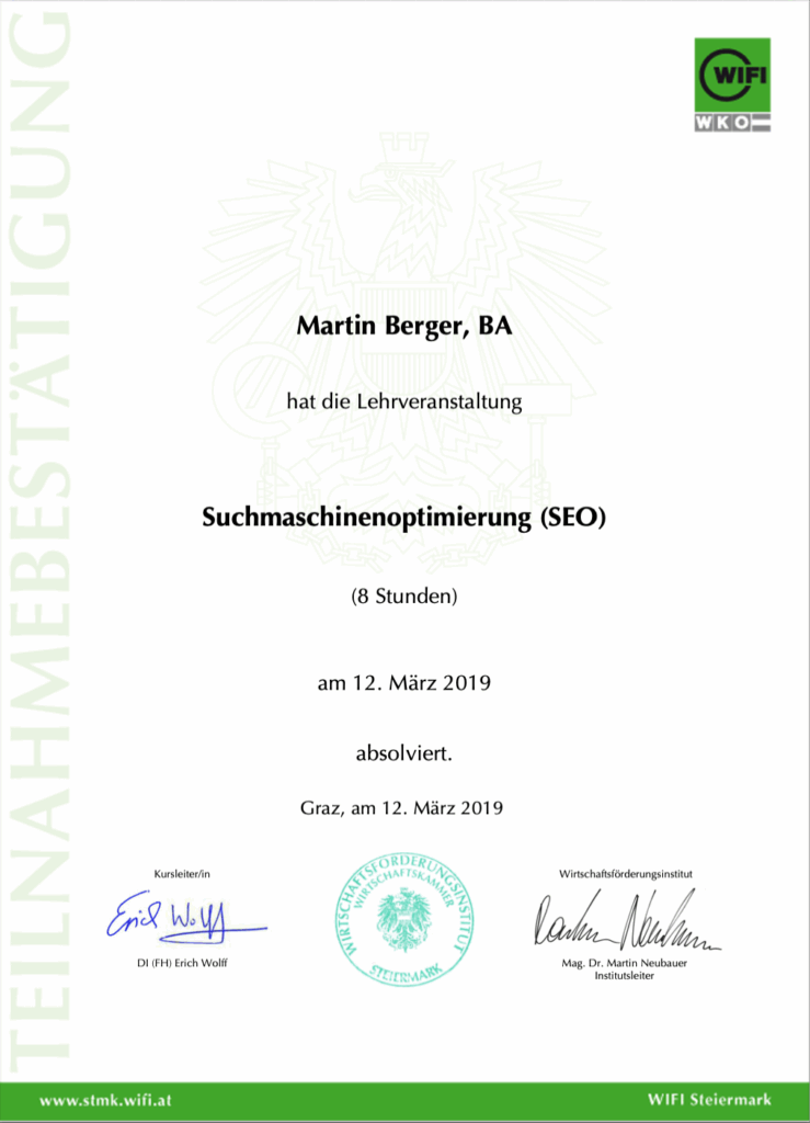 SEO Zeugnis Berger WIFI