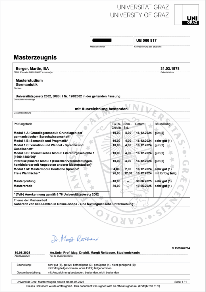 Masterzeugnis Martin Berger, MA